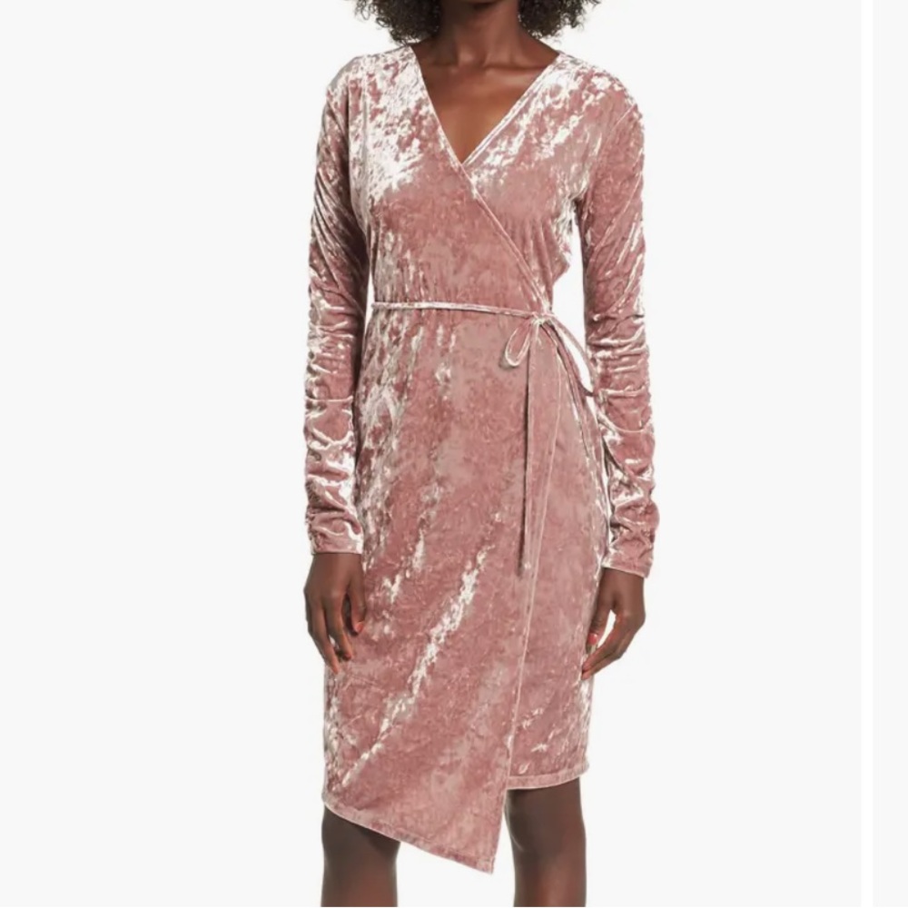 Leith Pink Wrap Tie Front Long Sleeve Dress